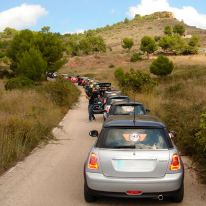 Minis por carretera comarcal en fila